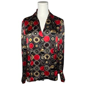 Ann Taylor 100% Silk Red Brown Retro Geometric Circle Button Down Blouse Shirt
